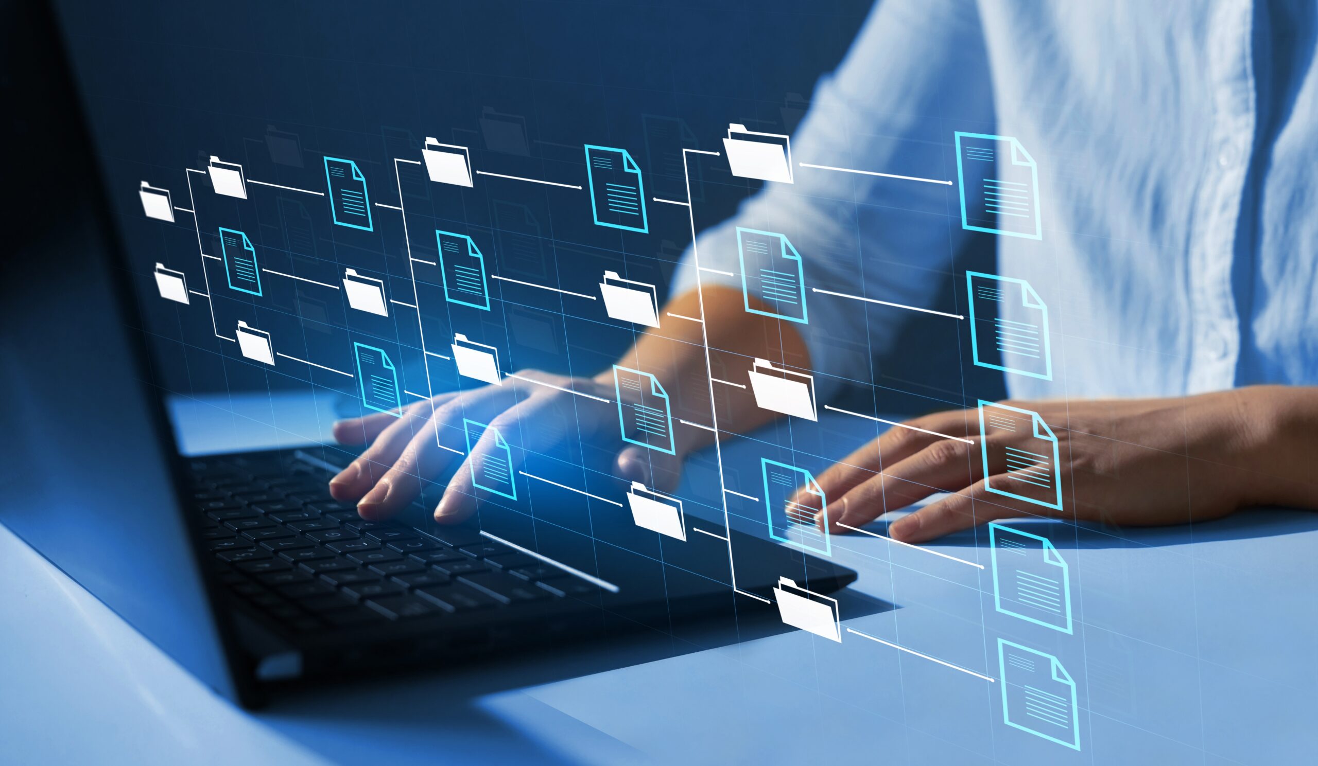 A person interacts with a laptop, overlaid with digital folder icons representing data organization and management. This highlights efficient file handling.
