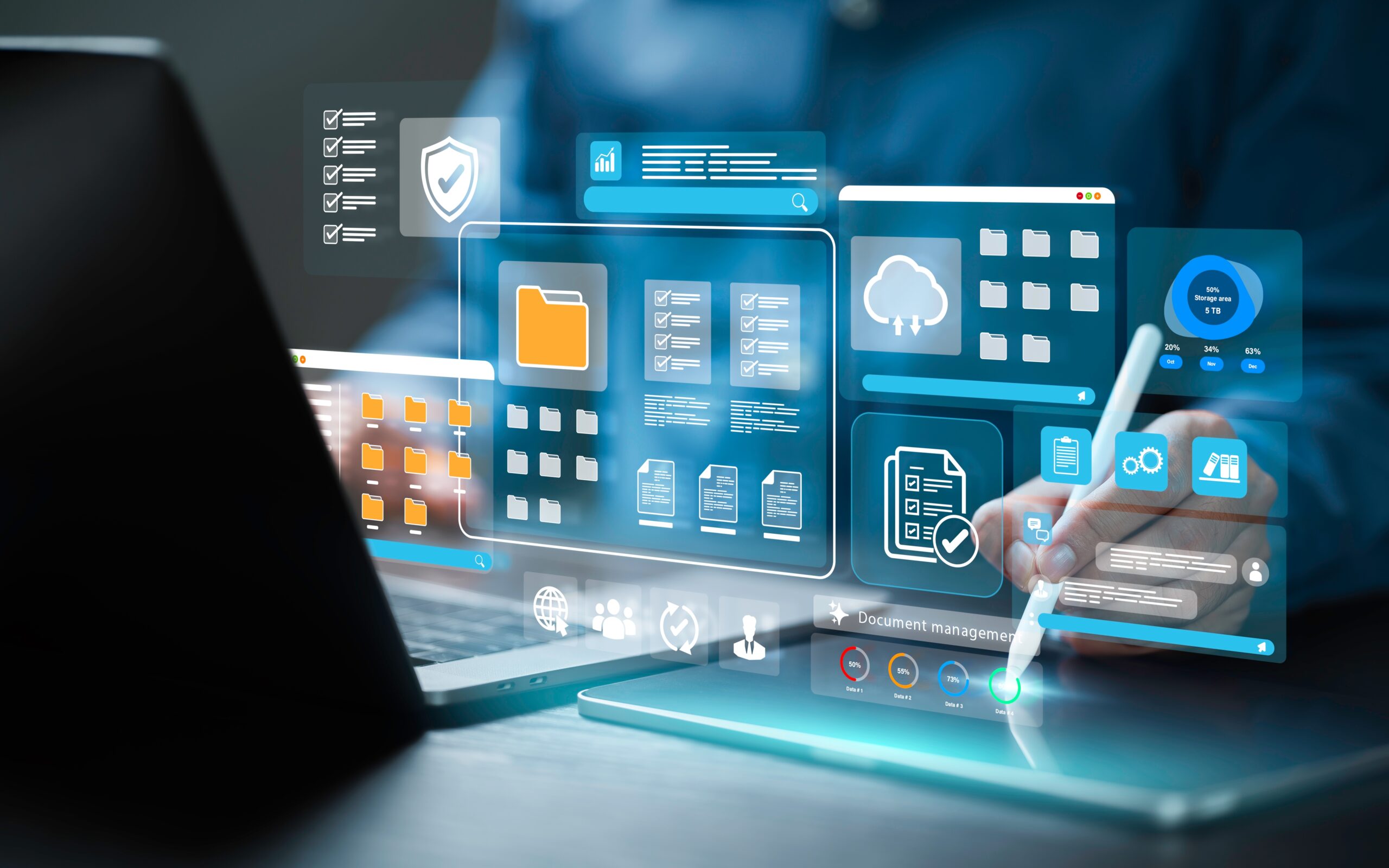 A digital interface featuring file management statistics, cloud storage icons, and interactive elements, showcasing modern workspace technology.